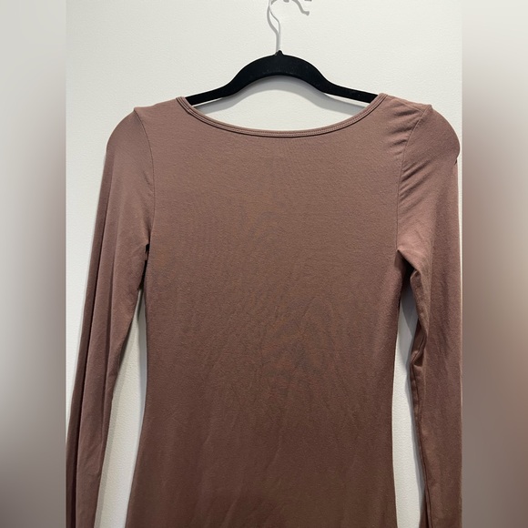 Aritzia Wilfred Free Long Sleeve Mini Bodycon Stretch Nude Taupe Brown Dress S - Picture 7 of 8